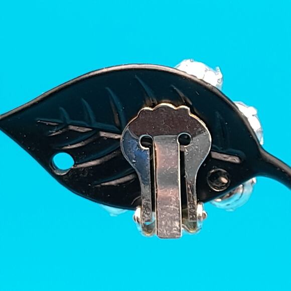 Vintage Light Blue Rhinestone Clip Earrings, Faux Moonstone, Silver Tone - Picture 8 of 11